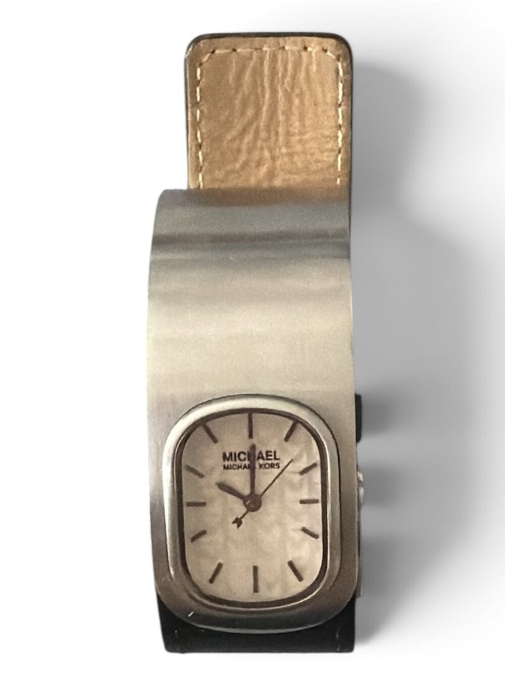 Vintage Michael Kors Stainless Steel Cuff Watch Mother of Pearl Dial